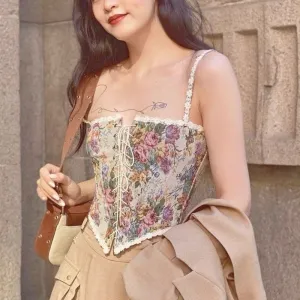 French Vintage Print Halter Tops Women Elegant Designer Chic Bandage