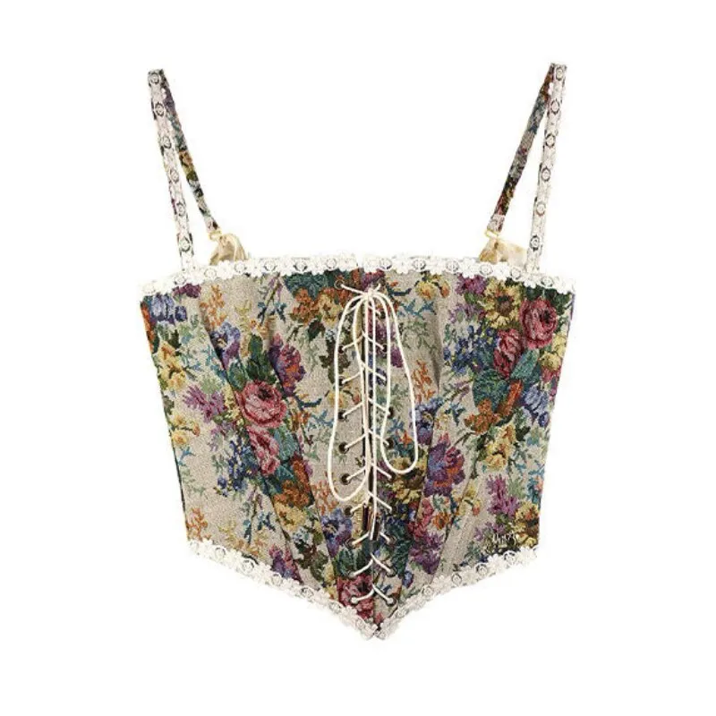 French Vintage Print Halter Tops Women Elegant Designer Chic Bandage