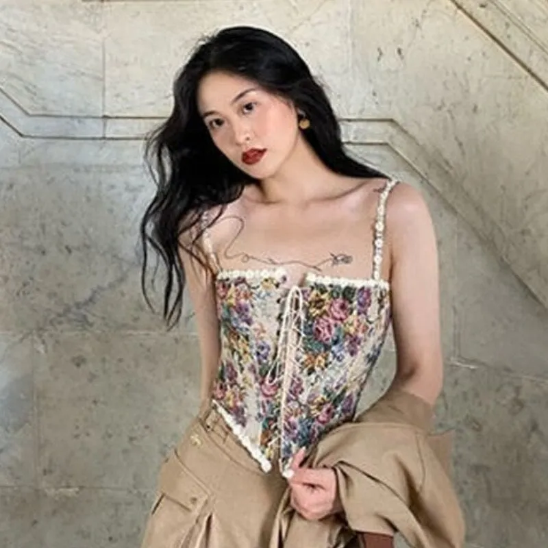 French Vintage Print Halter Tops Women Elegant Designer Chic Bandage