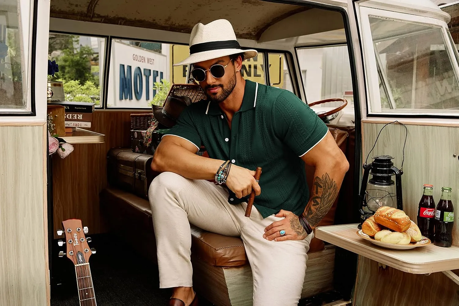 GRACE KARIN Men's Knit Polo Shirt Breathable Hollow Out Casual Button Down Shirts