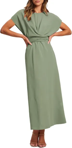 Happy Sailed Womens Formal Dress 2025 Trendy Elegant Batwing Sleeve Front Wrap Tie Waist Long Maxi Cocktail Party Dresses
