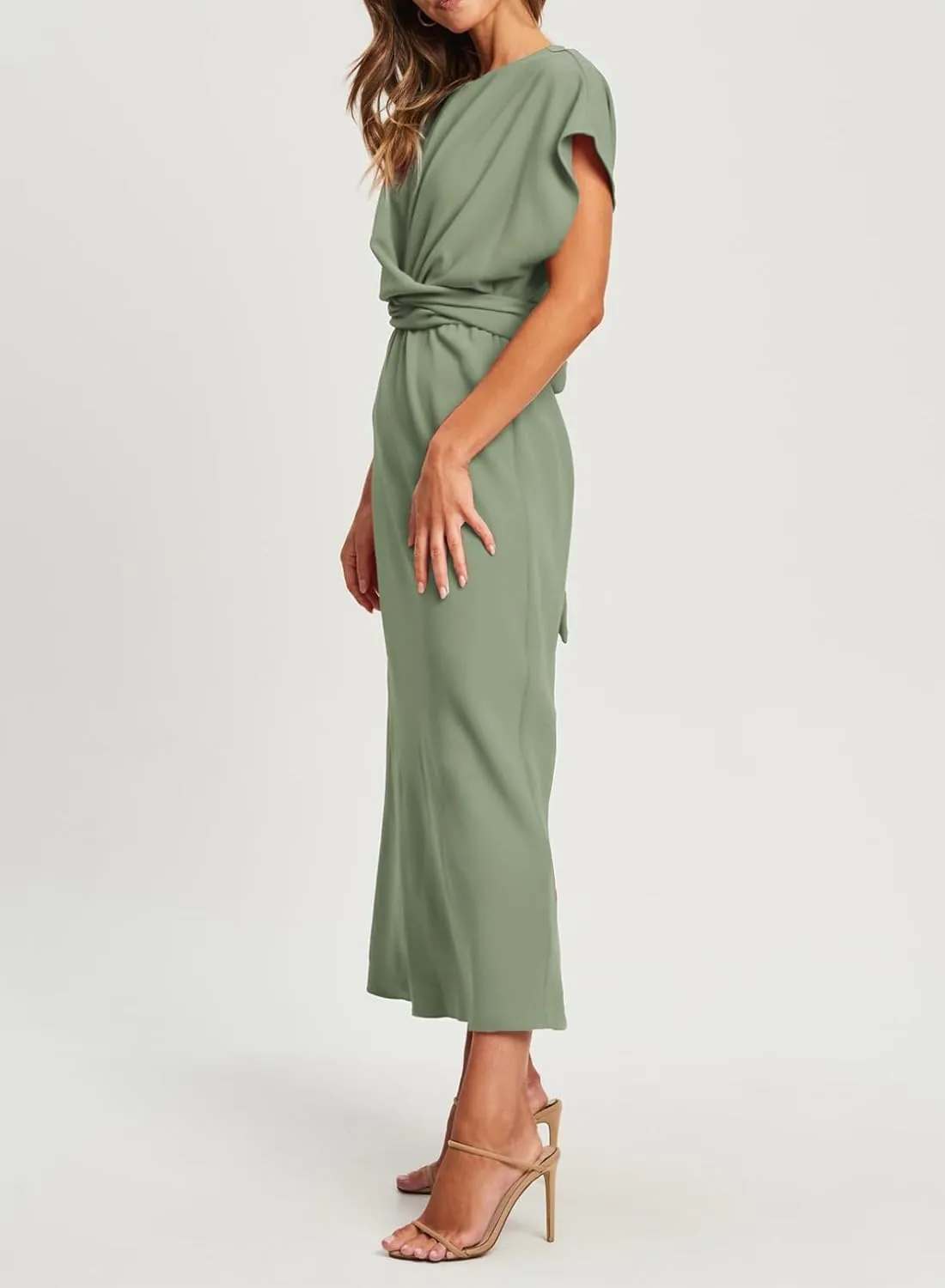 Happy Sailed Womens Formal Dress 2025 Trendy Elegant Batwing Sleeve Front Wrap Tie Waist Long Maxi Cocktail Party Dresses