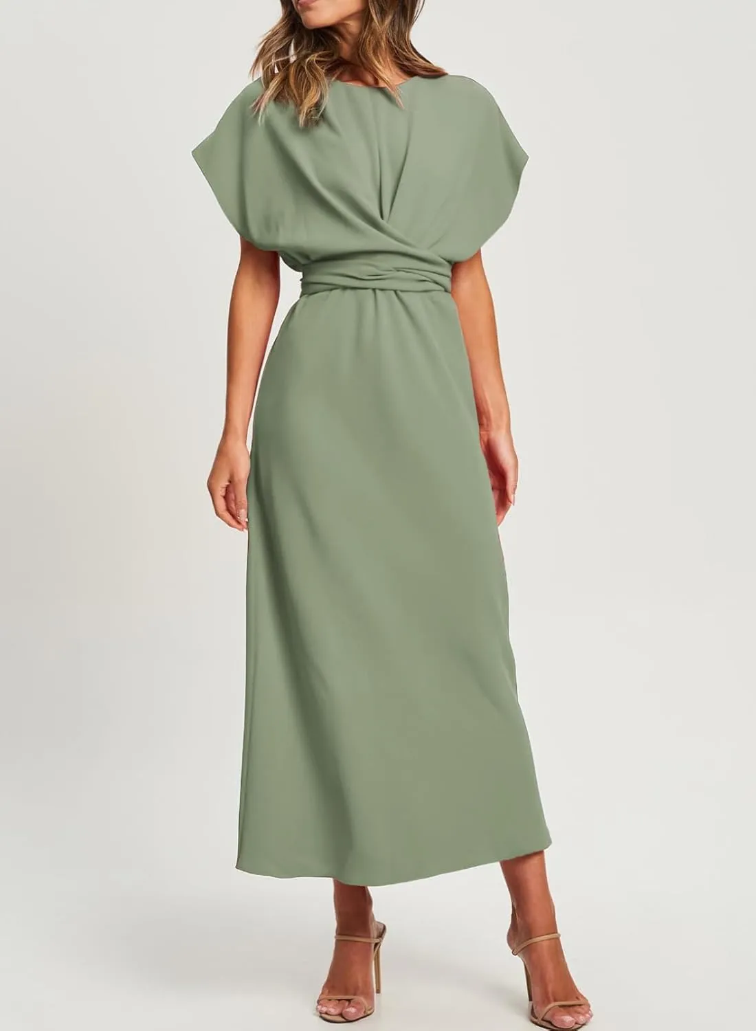 Happy Sailed Womens Formal Dress 2025 Trendy Elegant Batwing Sleeve Front Wrap Tie Waist Long Maxi Cocktail Party Dresses