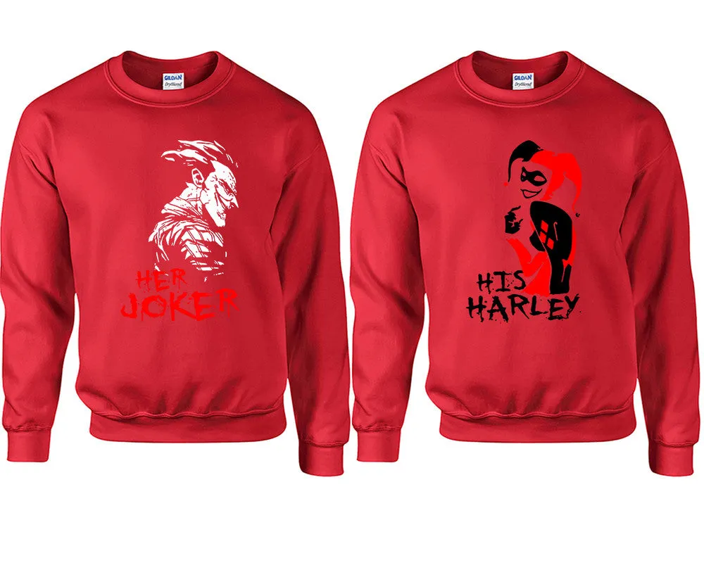 Her Joker & His Harley Couple Matching Crewneck Sweaters – Unisex Pullover Sweaters Sold Separately for Him and Her