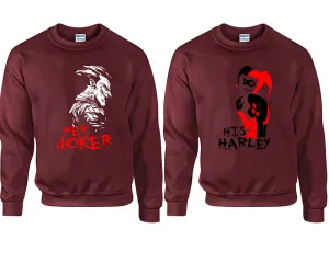 Her Joker & His Harley Couple Matching Crewneck Sweaters – Unisex Pullover Sweaters Sold Separately for Him and Her
