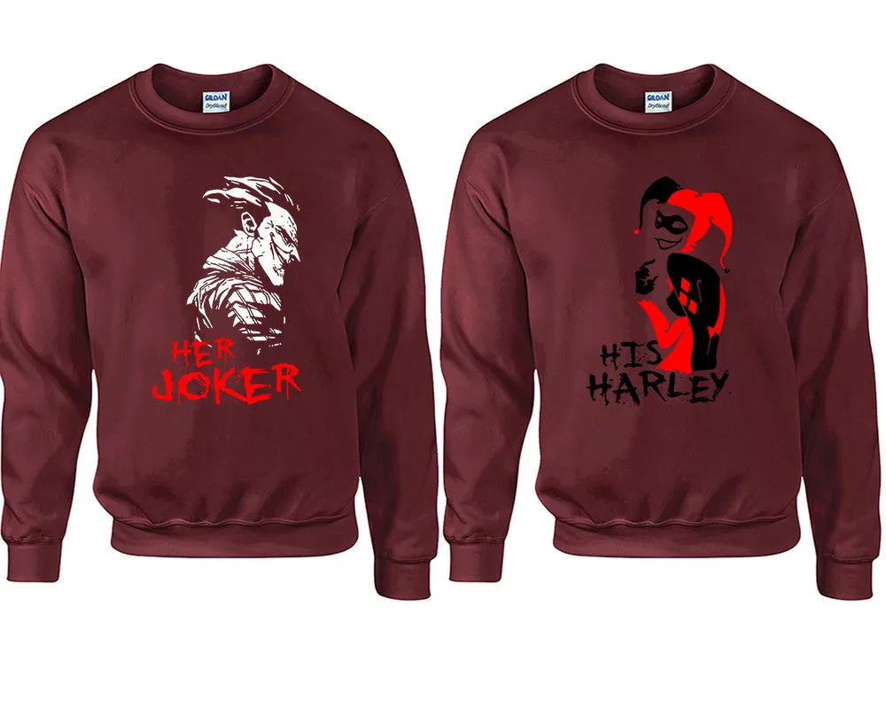 Her Joker & His Harley Couple Matching Crewneck Sweaters – Unisex Pullover Sweaters Sold Separately for Him and Her