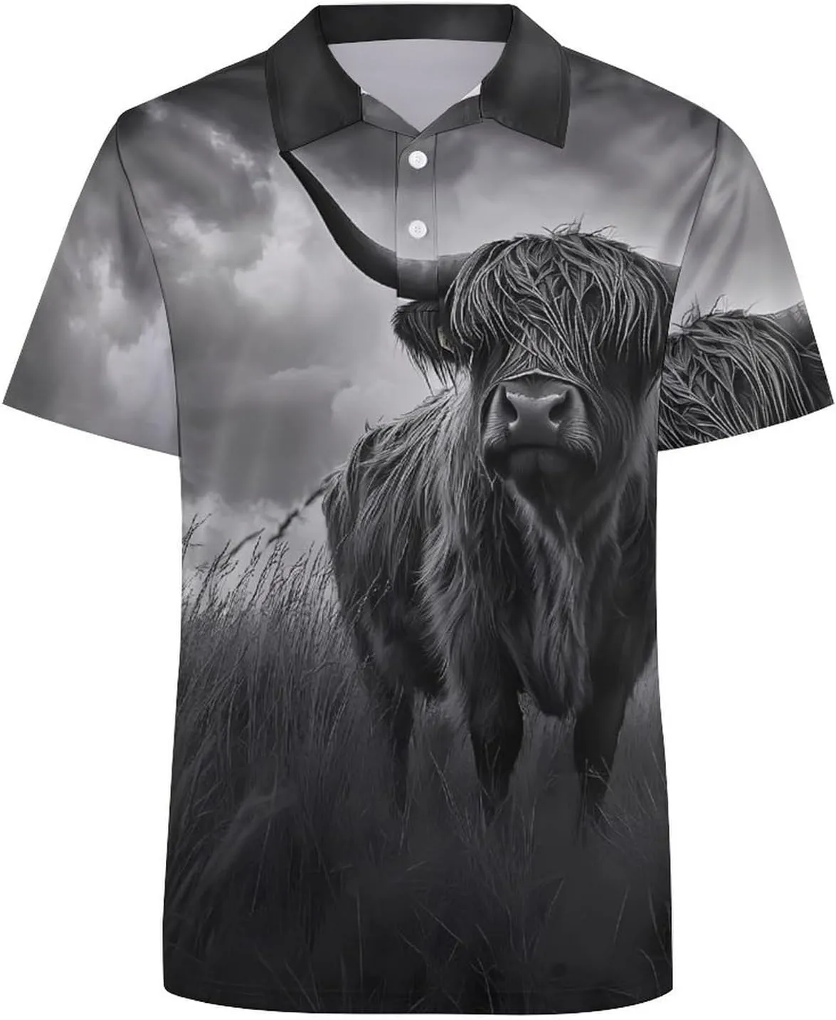 Highland Cow in Storm Slim Fit Men's Short Sleeve Polo Shirts Quick-Dry Breathable Golf T-Shirt Tops