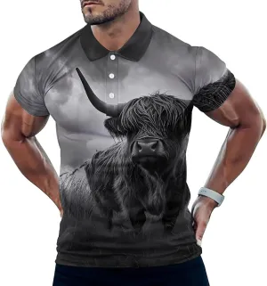 Highland Cow in Storm Slim Fit Men's Short Sleeve Polo Shirts Quick-Dry Breathable Golf T-Shirt Tops