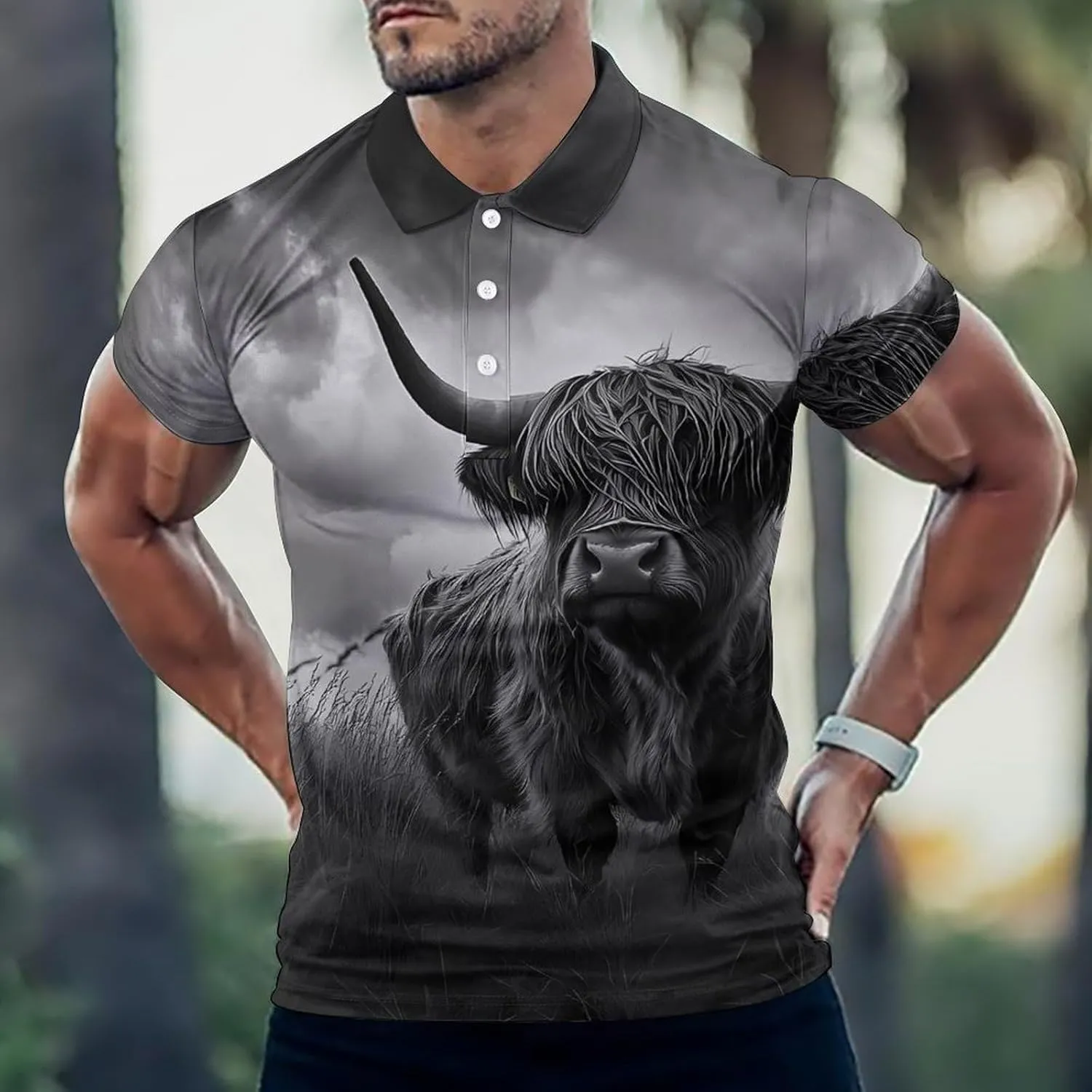 Highland Cow in Storm Slim Fit Men's Short Sleeve Polo Shirts Quick-Dry Breathable Golf T-Shirt Tops