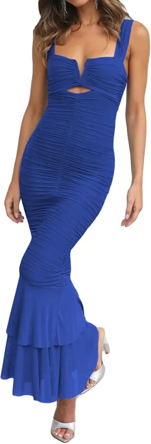 houstil Women's Strap Wedding Guest Dress Wrinkles Mesh Bodycon Party Maxi Cocktail Cut Out Clubwear Summer