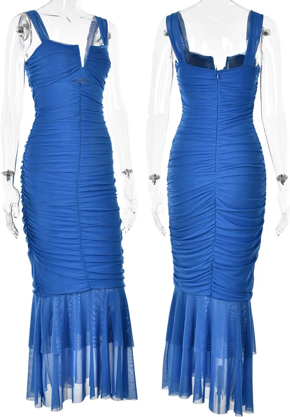 houstil Women's Strap Wedding Guest Dress Wrinkles Mesh Bodycon Party Maxi Cocktail Cut Out Clubwear Summer