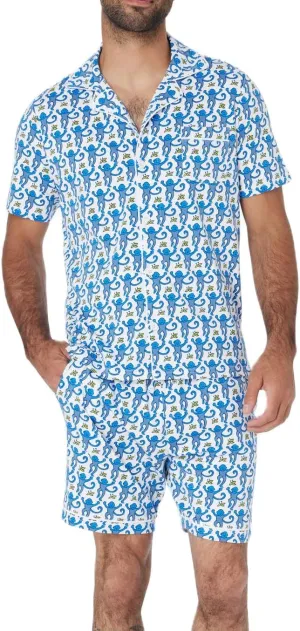KOSUSANILL Y2k Pajamas Set for Men 2 Piece Button Down Monkey Shirt Pjs Shorts Outfit Rabbit Dupes Preppy Sleep Loungewear