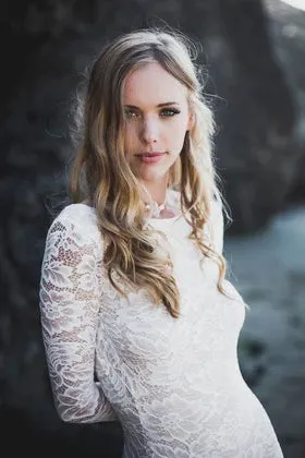 Lace Sheath Front Split Fitted Long Sleeve Bridal Gown-715741