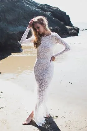 Lace Sheath Front Split Fitted Long Sleeve Bridal Gown-715741