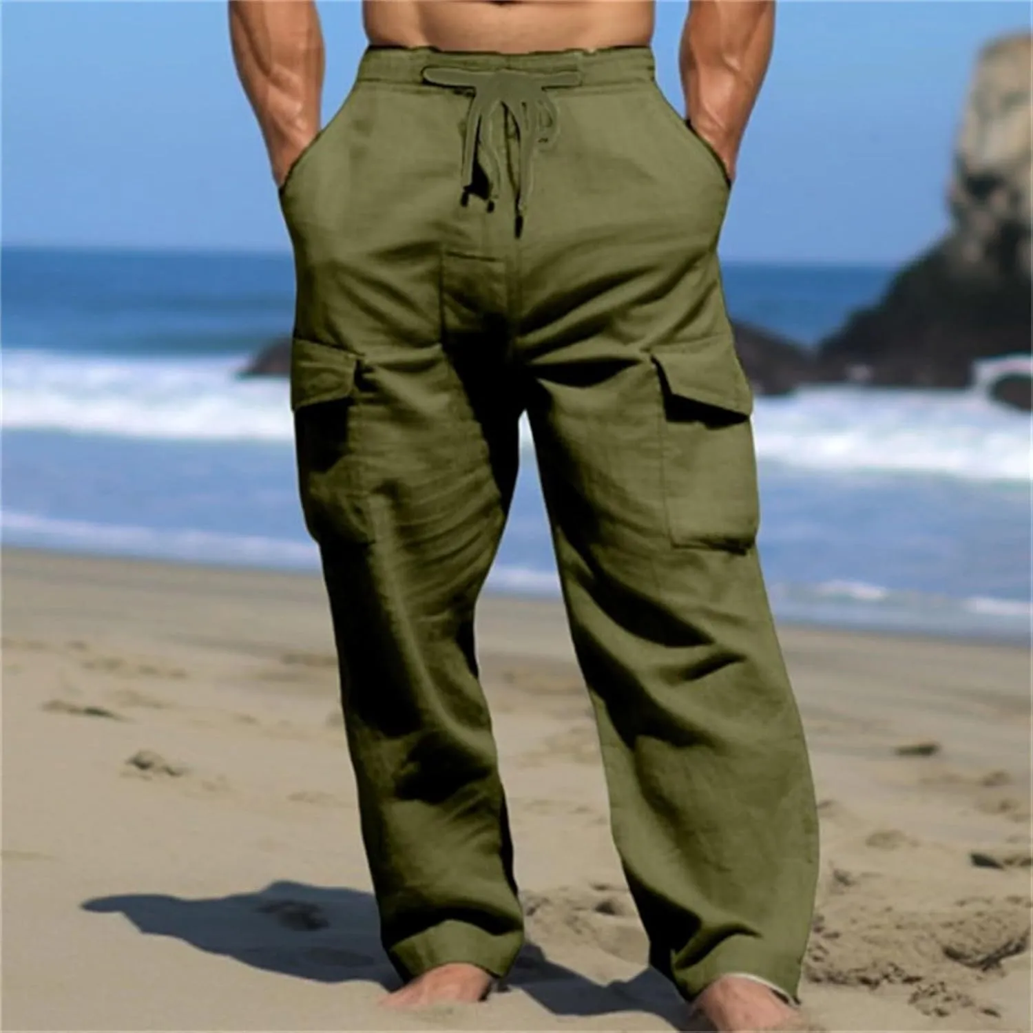 Linen Cargo Pants for Mens Casual Solid Color Drawstring Pants Lightweight Breathable Plain Outdoor Sweatpants with Pockets