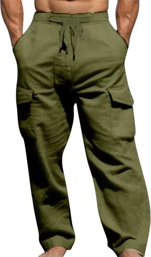 Linen Cargo Pants for Mens Casual Solid Color Drawstring Pants Lightweight Breathable Plain Outdoor Sweatpants with Pockets
