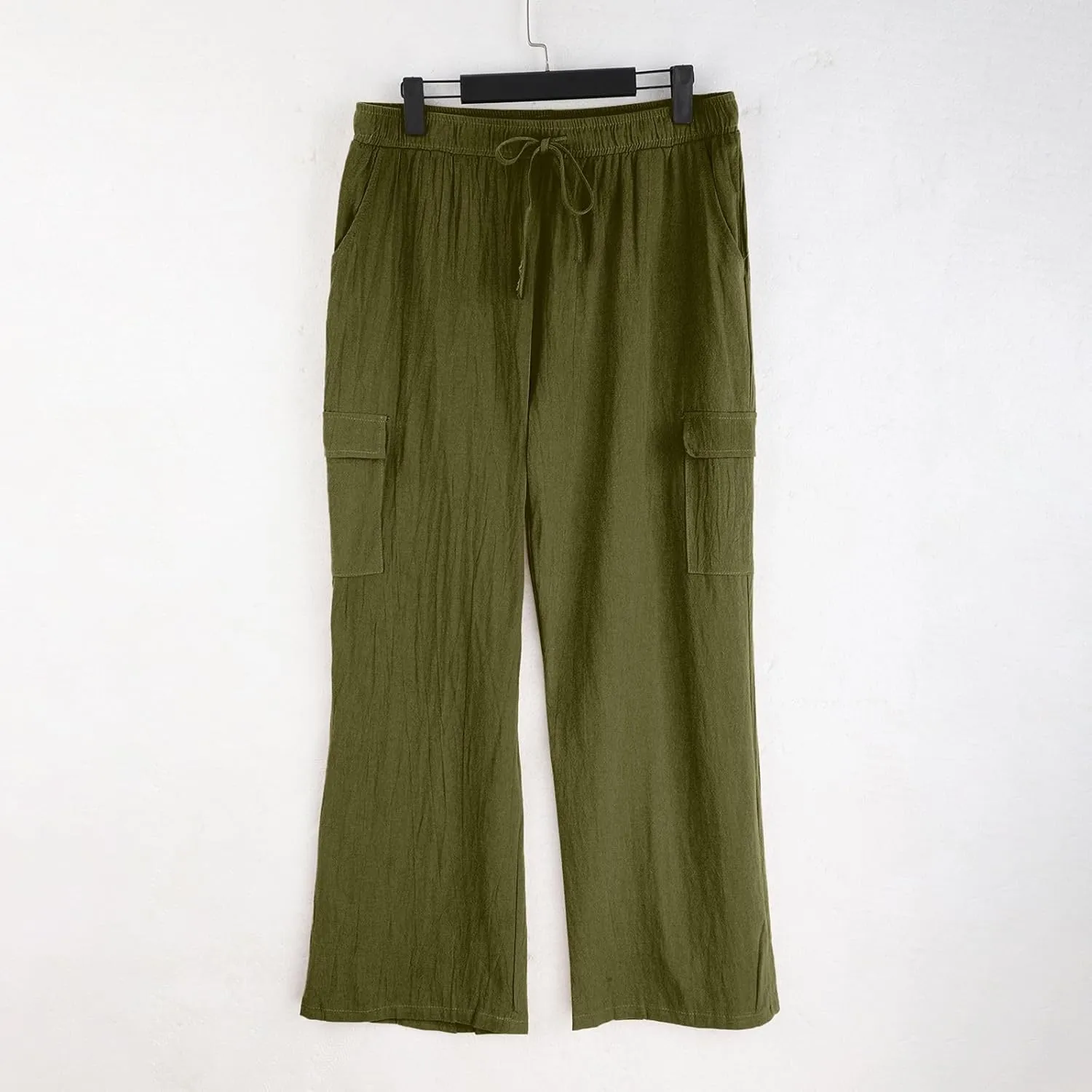 Linen Cargo Pants for Mens Casual Solid Color Drawstring Pants Lightweight Breathable Plain Outdoor Sweatpants with Pockets