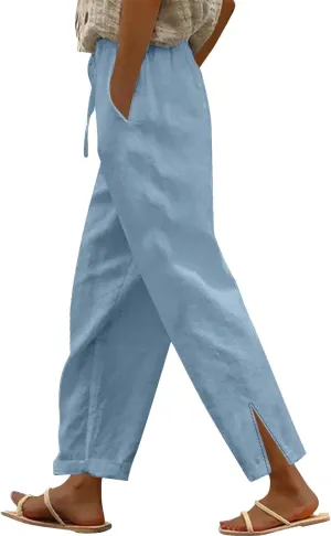 Linen Pants for Women 2025 Summer High Waist Elastic Straight Leg Lounge Pant Casual Loose Lightweight Beach Trousers