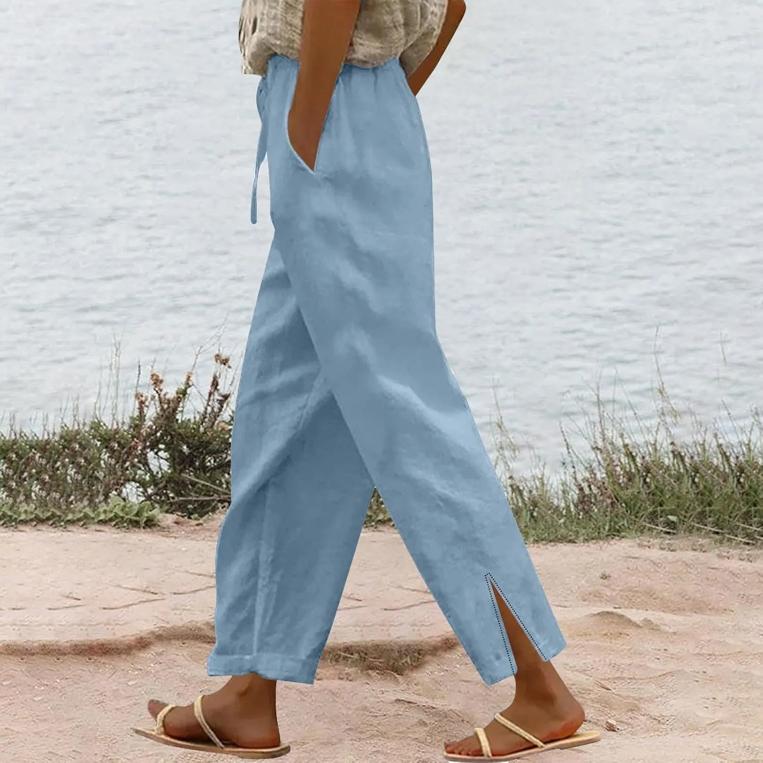 Linen Pants for Women 2025 Summer High Waist Elastic Straight Leg Lounge Pant Casual Loose Lightweight Beach Trousers
