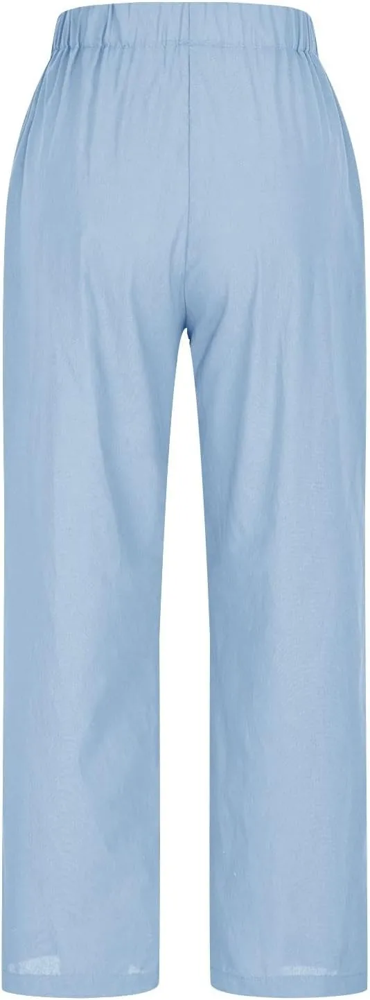 Linen Pants for Women Solid Color Straight Elastic Pant Long Drawstring Waist Cotton Casual Slit Plus Size Trousers
