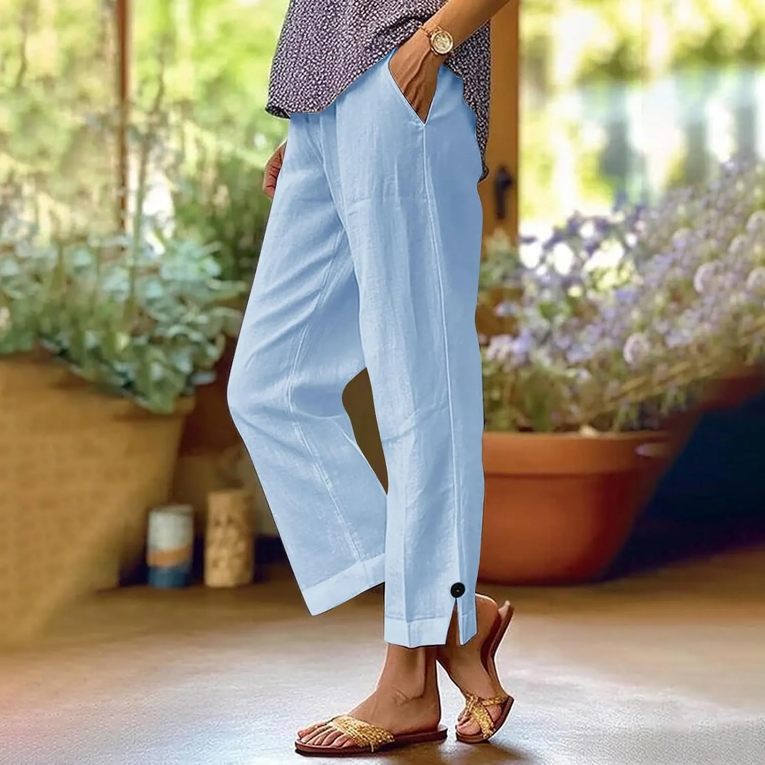 Linen Pants for Women Solid Color Straight Elastic Pant Long Drawstring Waist Cotton Casual Slit Plus Size Trousers