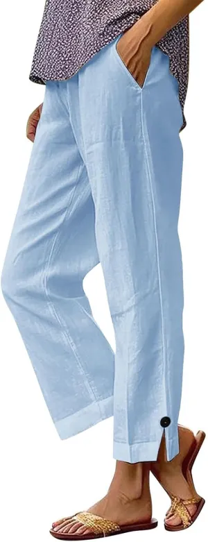 Linen Pants for Women Solid Color Straight Elastic Pant Long Drawstring Waist Cotton Casual Slit Plus Size Trousers