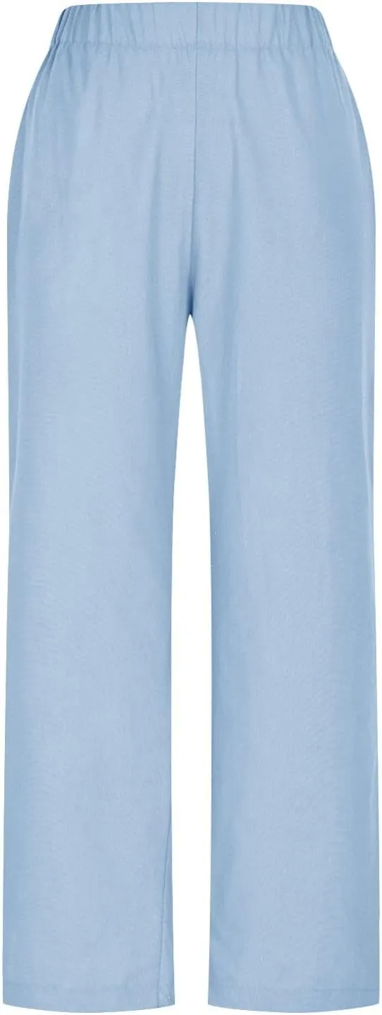 Linen Pants for Women Solid Color Straight Elastic Pant Long Drawstring Waist Cotton Casual Slit Plus Size Trousers