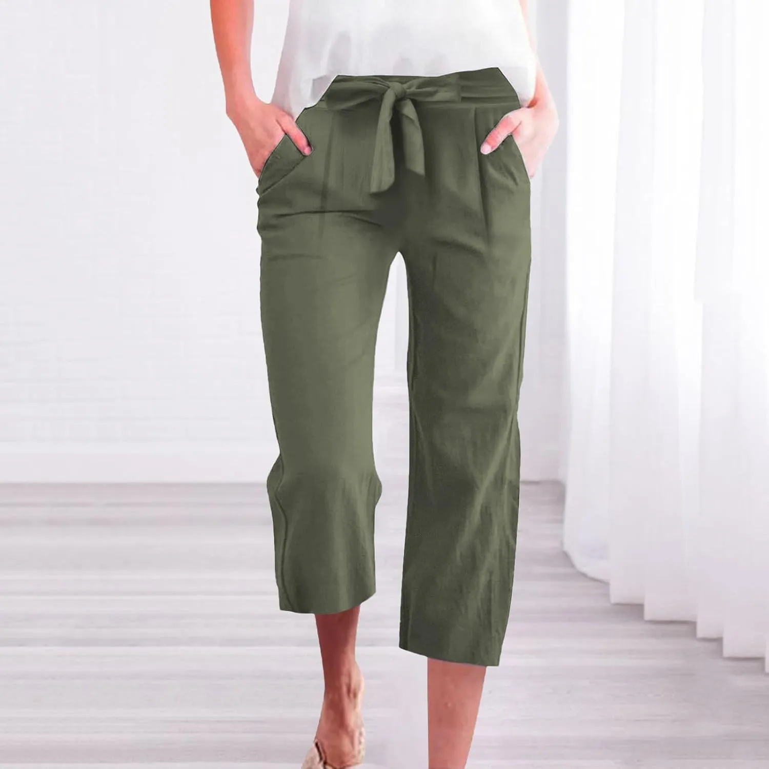 Linen Pants Women Casual High Waist Wide Leg Elastic Drawstring Pants Women with Pockets Lounge Comfy Summer Beach Trousers