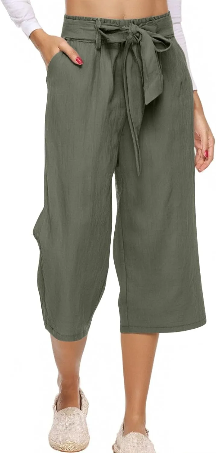 Linen Pants Women Casual High Waist Wide Leg Elastic Drawstring Pants Women with Pockets Lounge Comfy Summer Beach Trousers