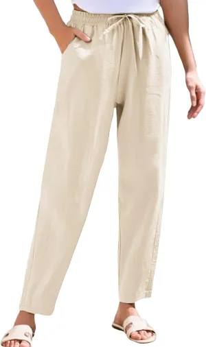 Linen Pants Women Casual Wide Leg Elastic Drawstring Pants Women Lounge Comfy Summer Beach Trousers with Pockets