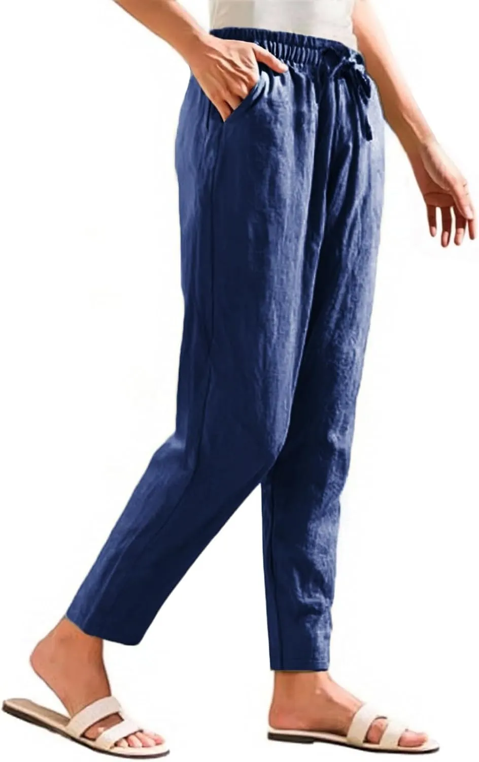 Linen Pants Women Casual Wide Leg Elastic Drawstring Pants Women Lounge Comfy Summer Beach Trousers with Pockets