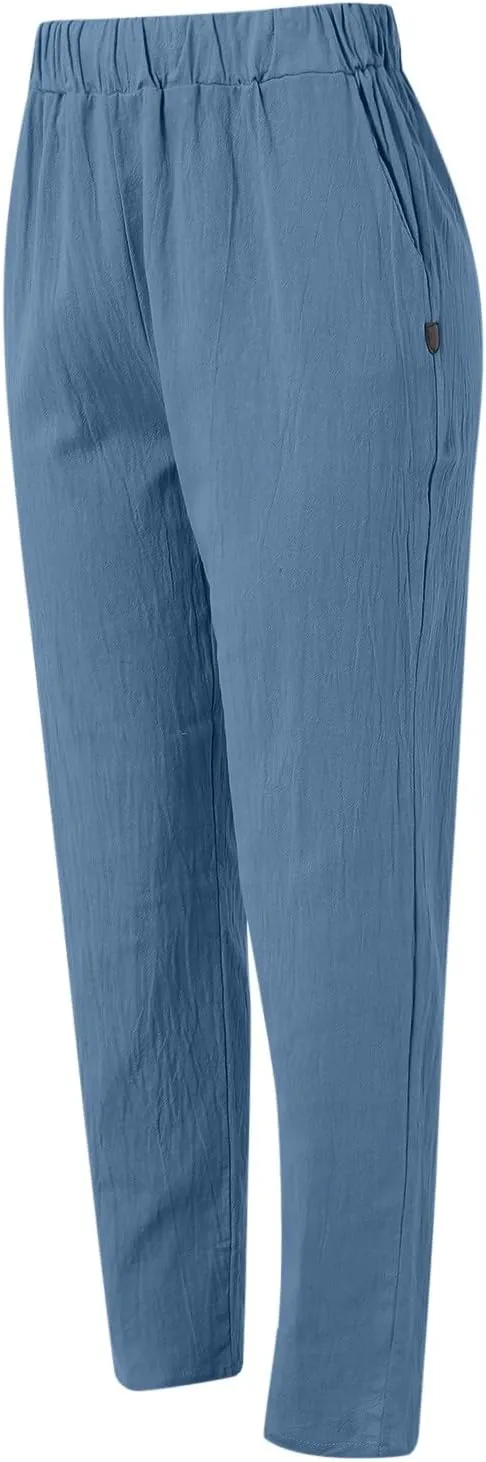 Linen Pants Women High Waist Loose Summer Beach Pants Casual Lightweight Drawstring Lounge Trousers with Pockets
