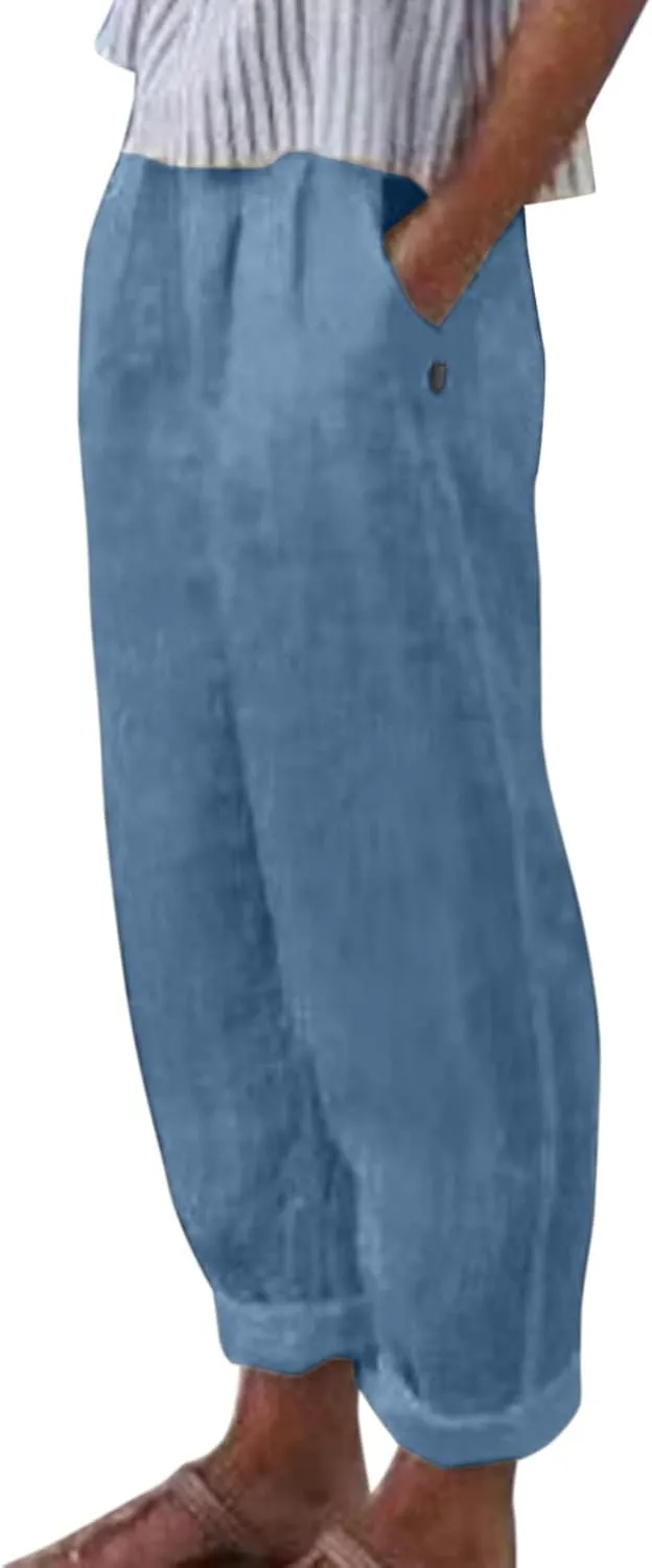 Linen Pants Women High Waist Loose Summer Beach Pants Casual Lightweight Drawstring Lounge Trousers with Pockets