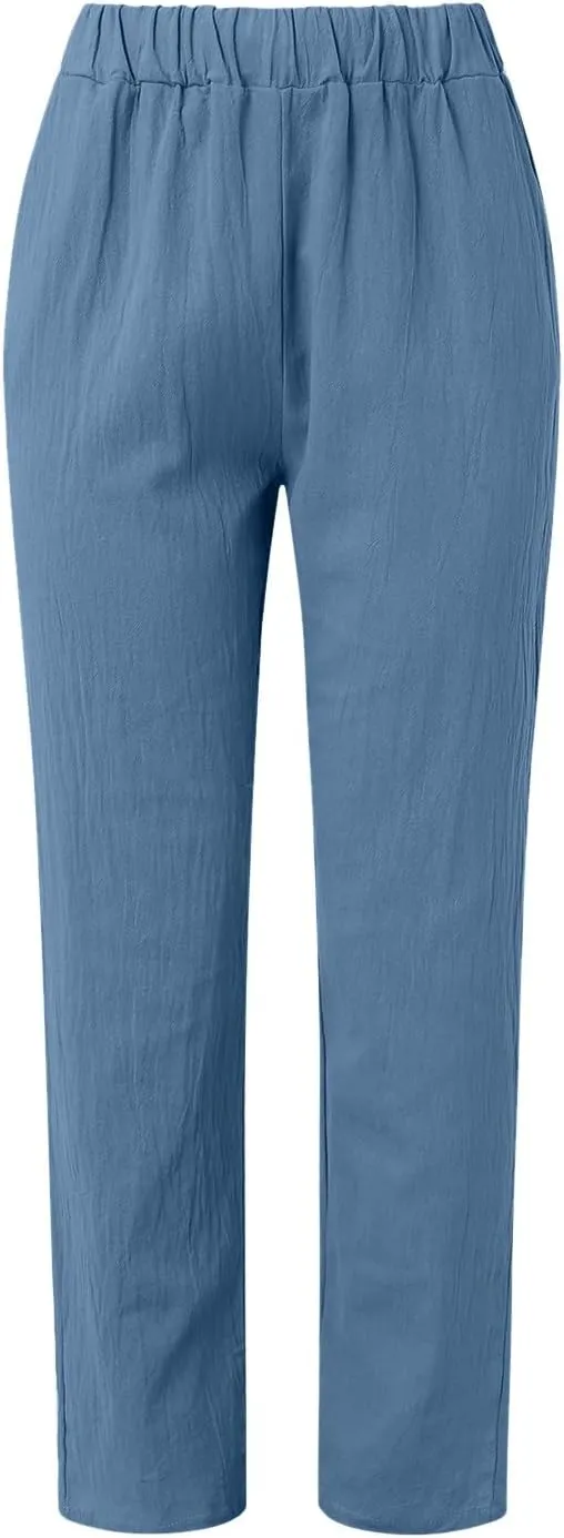 Linen Pants Women High Waist Loose Summer Beach Pants Casual Lightweight Drawstring Lounge Trousers with Pockets