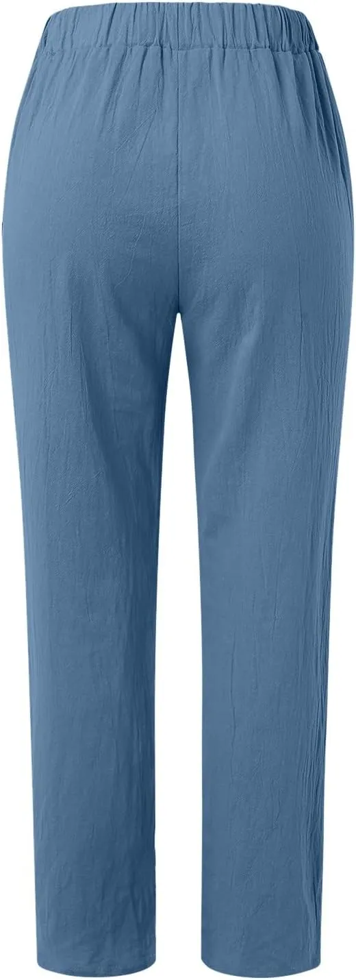 Linen Pants Women High Waist Loose Summer Beach Pants Casual Lightweight Drawstring Lounge Trousers with Pockets