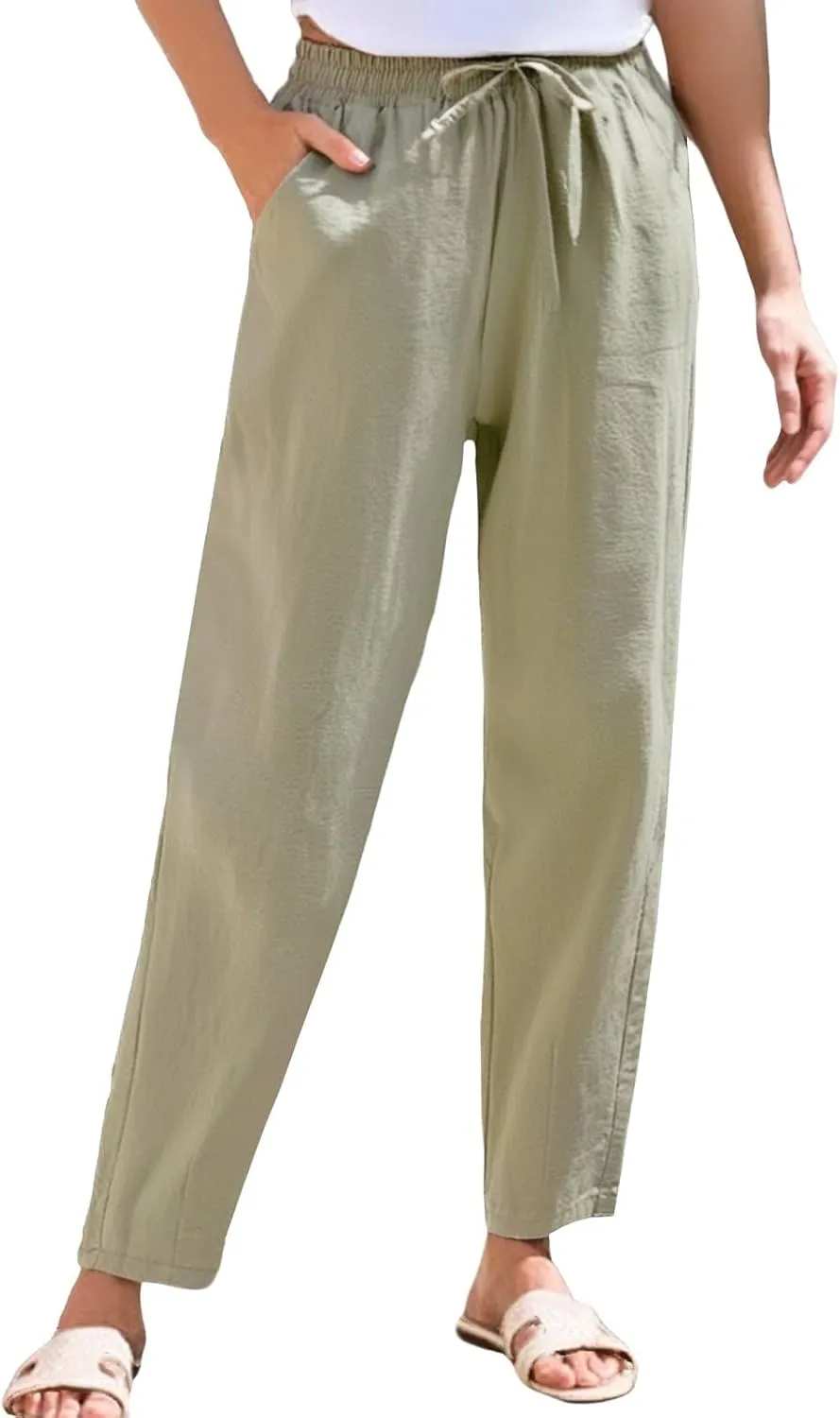 Linen Pants Women Wide Leg Elastic Drawstring Pants Women Lounge Comfy Summer Casual Beach Trousers with Pockets