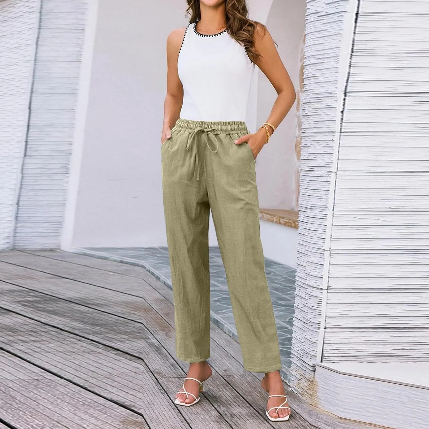 Linen Pants Women Wide Leg Elastic Drawstring Pants Women Lounge Comfy Summer Casual Beach Trousers with Pockets