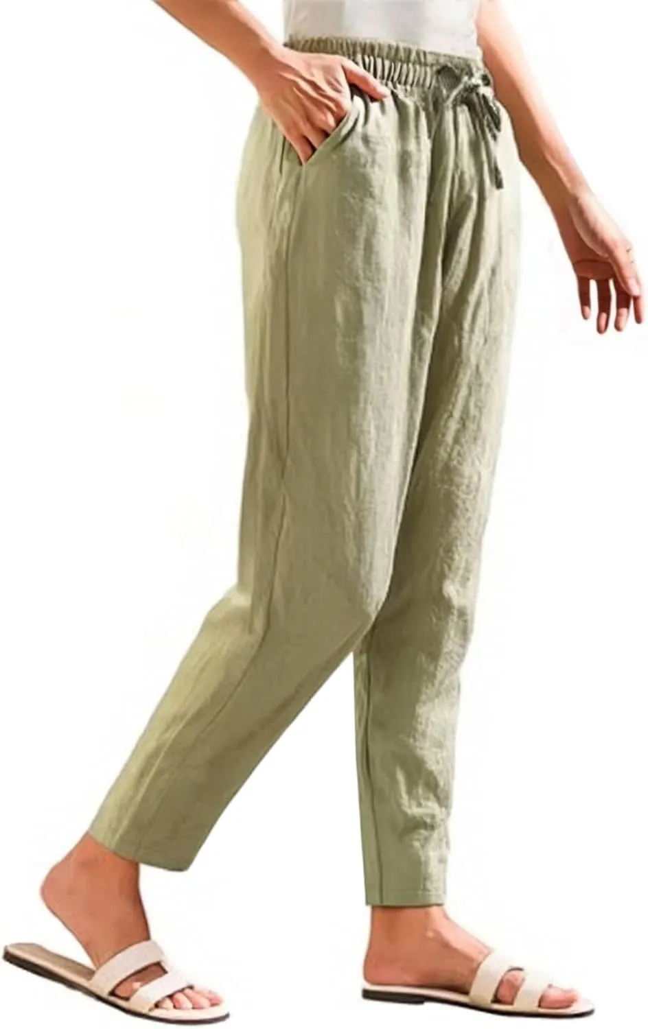 Linen Pants Women Wide Leg Elastic Drawstring Pants Women Lounge Comfy Summer Casual Beach Trousers with Pockets
