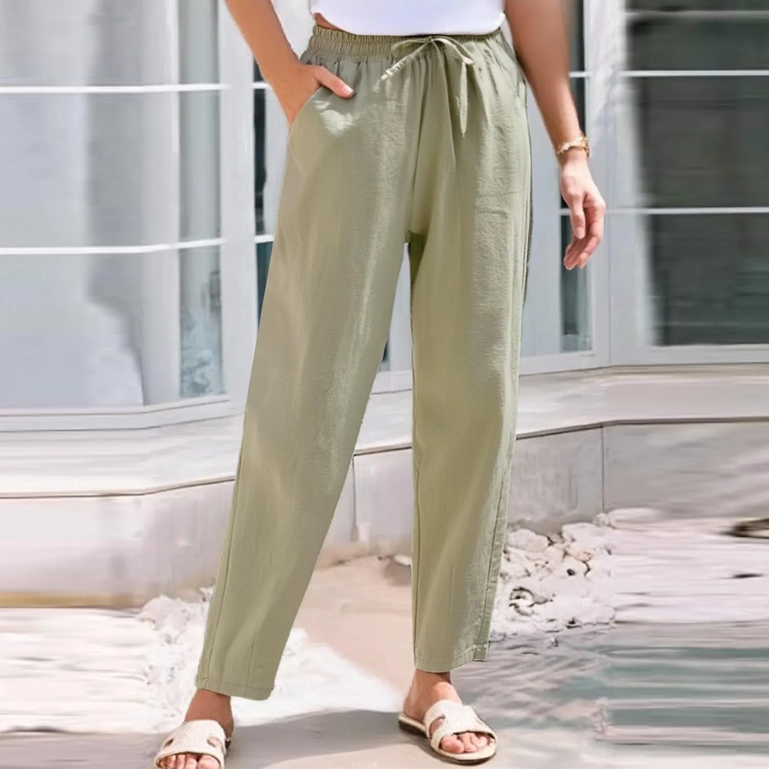 Linen Pants Women Wide Leg Elastic Drawstring Pants Women Lounge Comfy Summer Casual Beach Trousers with Pockets