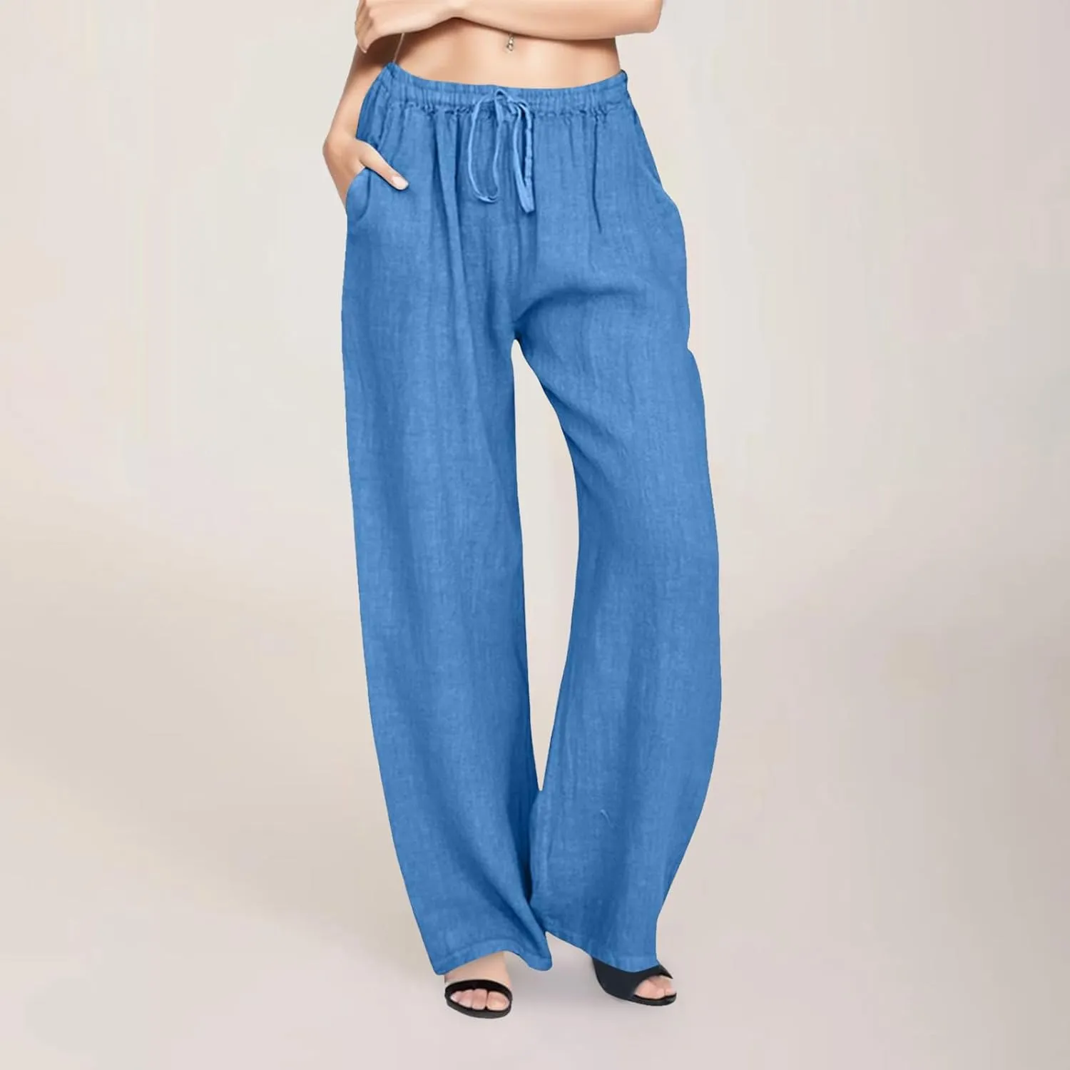 Linen Wide Leg Pants for Women Gauze Palazzo High Waist Drawstring Casual Trousers Travel Beach Outfits with Pockets