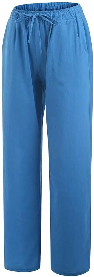 Linen Wide Leg Pants for Women Gauze Palazzo High Waist Drawstring Casual Trousers Travel Beach Outfits with Pockets