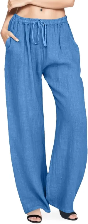 Linen Wide Leg Pants for Women Gauze Palazzo High Waist Drawstring Casual Trousers Travel Beach Outfits with Pockets