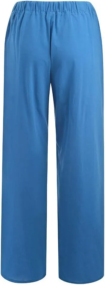 Linen Wide Leg Pants for Women Gauze Palazzo High Waist Drawstring Casual Trousers Travel Beach Outfits with Pockets