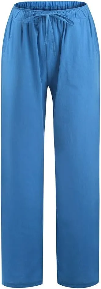 Linen Wide Leg Pants for Women Gauze Palazzo High Waist Drawstring Casual Trousers Travel Beach Outfits with Pockets