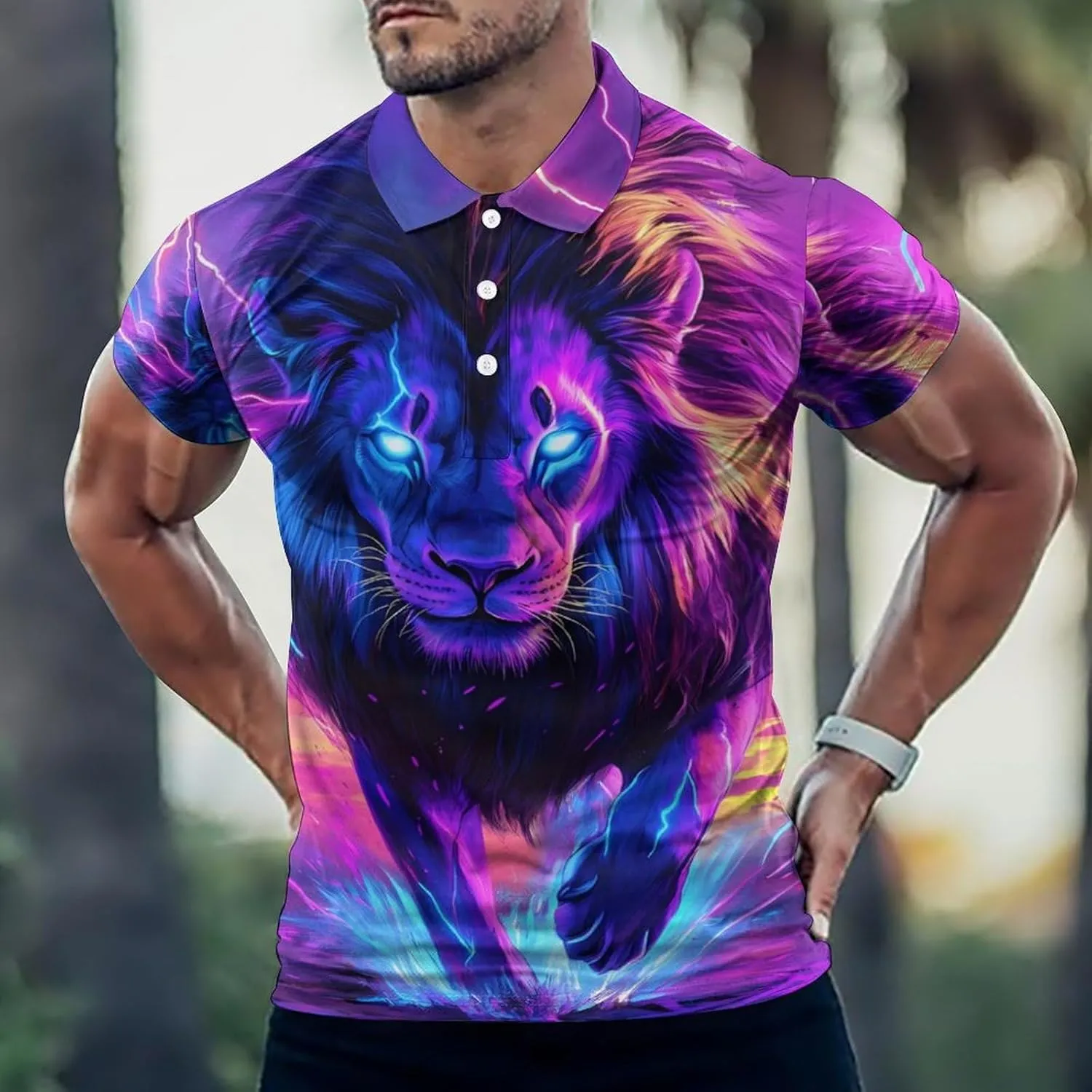 Lion Thunder Colorful Slim Fit Men's Short Sleeve Polo Shirts Quick-Dry Breathable Golf T-Shirt Tops