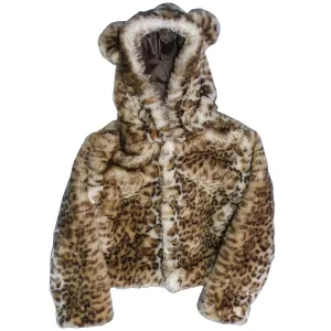 Little Girls Snow Leopard Critter Ears Button Closure Faux Hood Jacket 2T-5