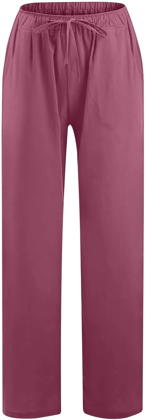 Lmdudan 2 Pcs Linen Pants for Women Summer 2025 Casual Drawstring Elastic Waist Wide Leg Pant Lounge Trousers with Pockets