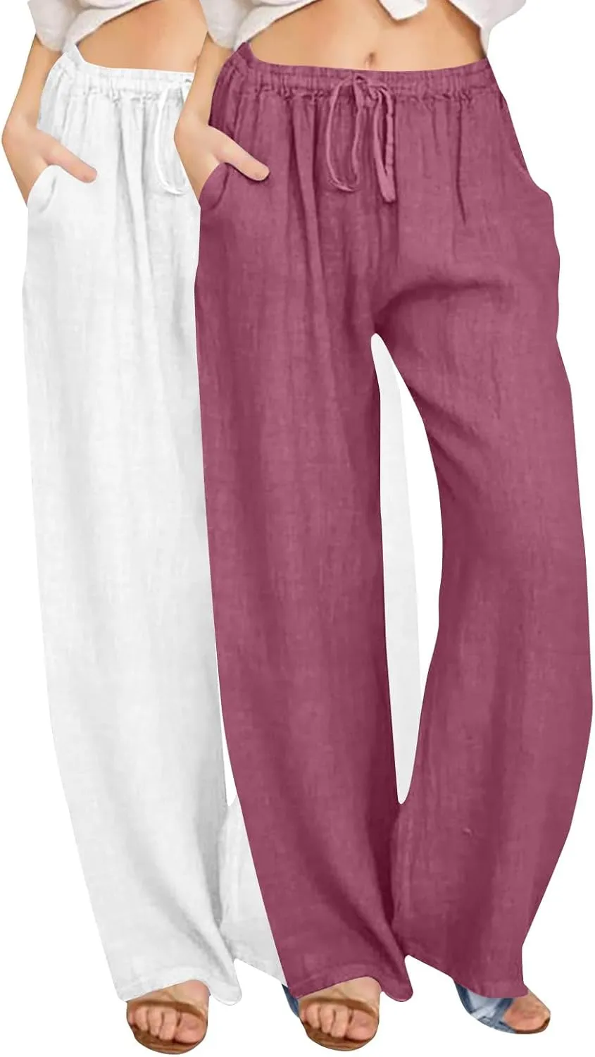 Lmdudan 2 Pcs Linen Pants for Women Summer 2025 Casual Drawstring Elastic Waist Wide Leg Pant Lounge Trousers with Pockets