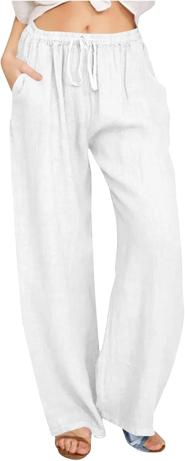 Lmdudan 2 Pcs Linen Pants for Women Summer 2025 Casual Drawstring Elastic Waist Wide Leg Pant Lounge Trousers with Pockets