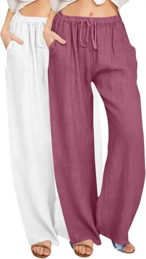 Lmdudan 2 Pcs Linen Pants for Women Summer 2025 Casual Drawstring Elastic Waist Wide Leg Pant Lounge Trousers with Pockets